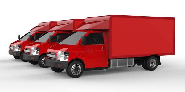 三辆小红色小卡车汽车交货向零售商店提供货物和产图片