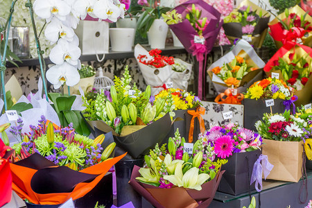 花卉市场花盆市场上的彩色花朵图片