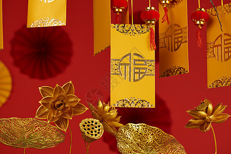 金色烫金红包与金色荷花装饰图片