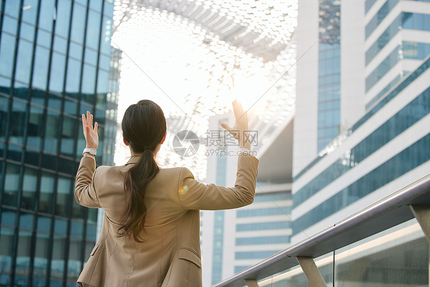 面对阳光打气的商务女性背影图片