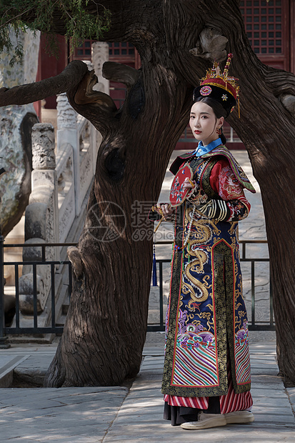 穿清宫服的青年女人站在古树下图片