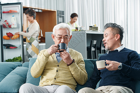 种花老夫妇快乐的老哥俩喝茶聊天背景