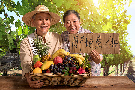 菠萝果园农民夫妇出示自家水果背景