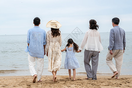 妈妈背影快乐的一家人站在海滩上背景