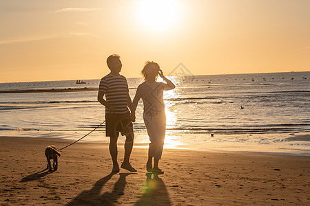 老年夫妇带着宠物狗在海边散步图片