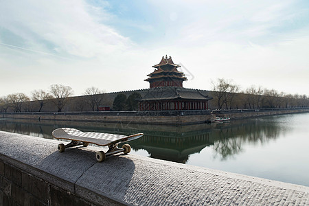 水边建筑滑板背景