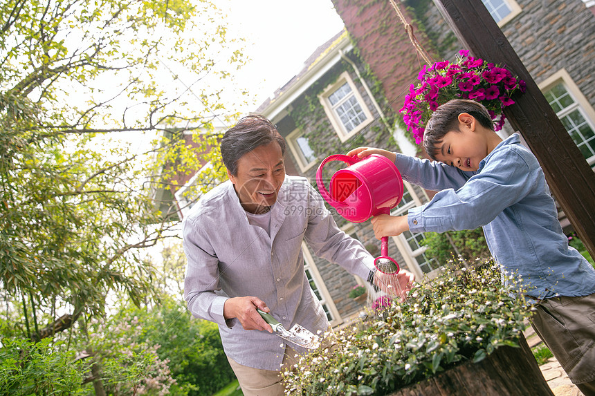 爷爷和孙子在院子里浇花图片