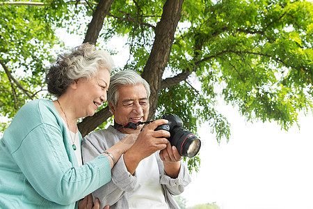 老年夫妇在公园里拍照图片