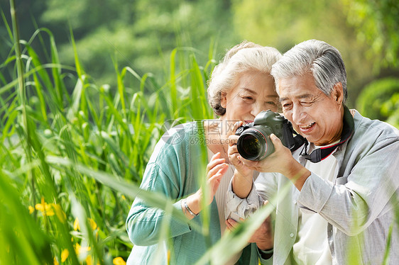 老年夫妇在公园里拍照图片