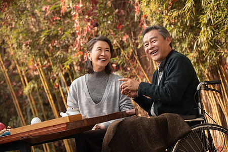 快乐的老年夫妇在庭院内品茶图片
