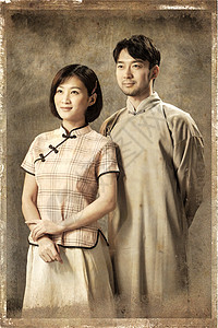 中式风格海报青年夫妇老照片背景