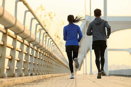 跑步健身的情侣青年情侣户外慢跑背景