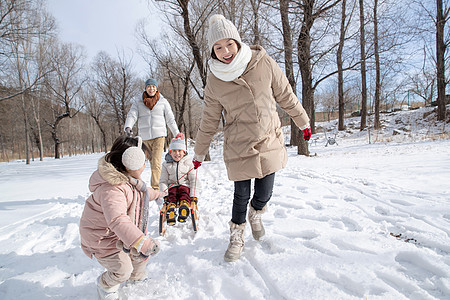 欢乐家庭在雪地上玩雪橇图片