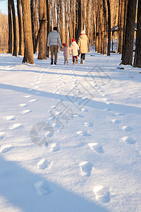 小孩背影快乐家庭在雪地里散步背景