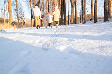 快乐家庭在雪地里散步图片