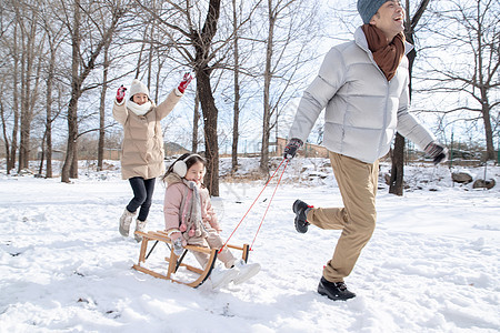 拉着雪橇的一家人图片