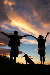 欢呼剪影夕阳下的快乐夫妇和狗背景