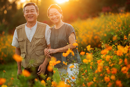 花丛中幸福的老年夫妇图片