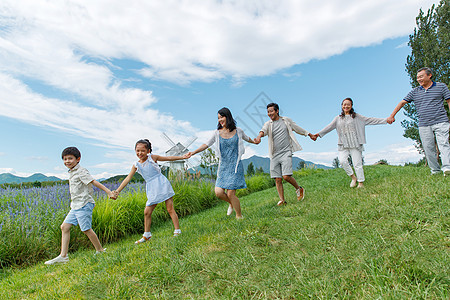 在草地上手牵手散步的幸福家庭图片