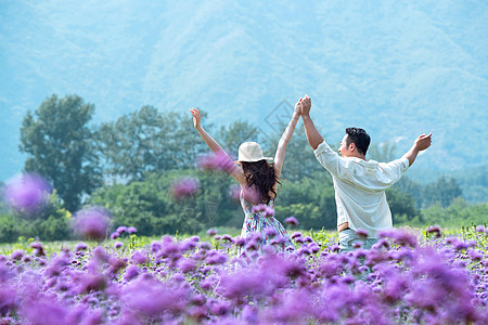 紫色裙子浪漫夫妇站着花海里背景