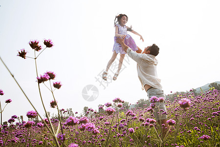 父女站在花丛里父亲抱着女儿在花丛中玩耍背景