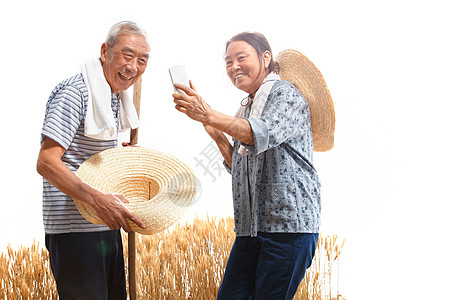 毛巾拍摄农民夫妇在麦田里用手机视频背景