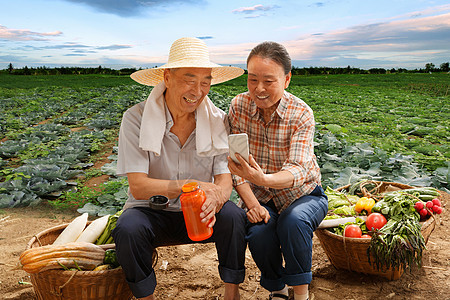 农民夫妇坐在田头看手机图片