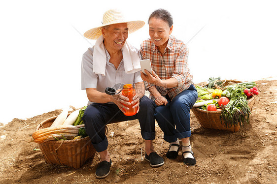 农民夫妇坐在田头看手机图片