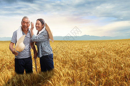 农民夫妇站在麦田里打电话图片