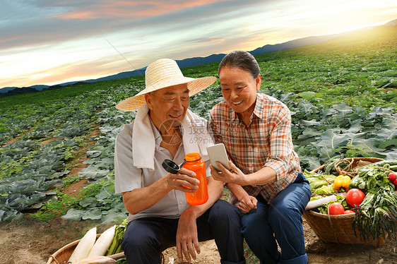 农民夫妇坐在田头看手机图片