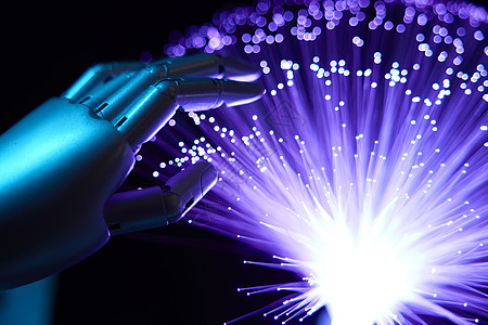 信息科技机械手抚摸紫色光纤背景