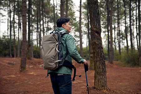 世界森林日男青年户外徒步旅行背景