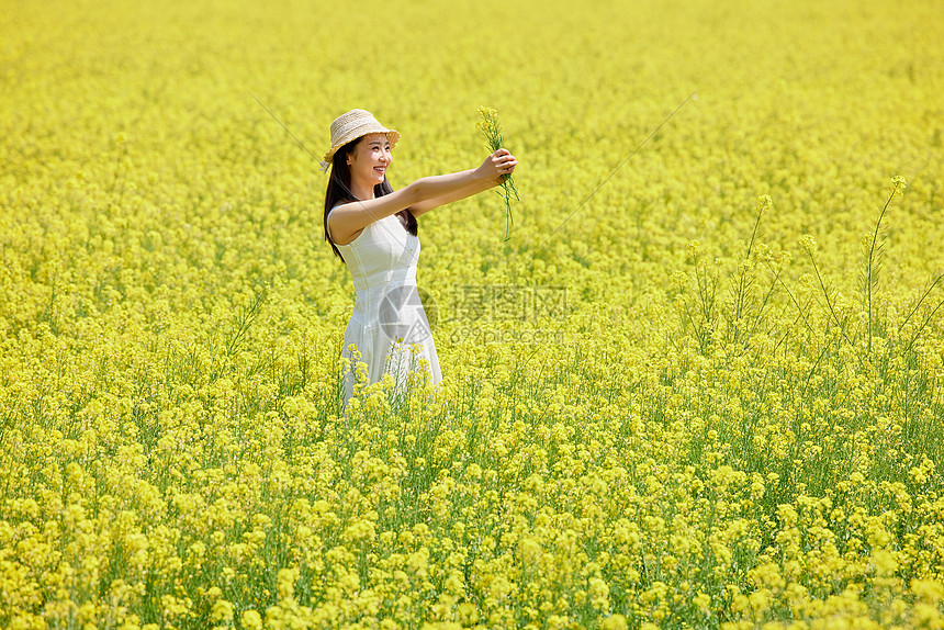 在油菜花田自拍的女性图片