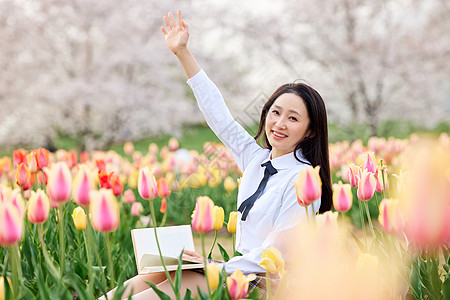 制服少女郁金香花丛中看书高清图片