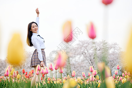 文艺少女站在郁金香花丛中高清图片