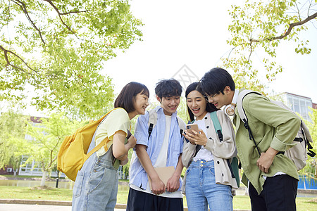 高中生学习大学同学围在一起看手机背景