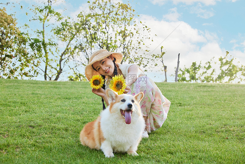 文艺美女和爱宠狗狗向日葵装饰图片