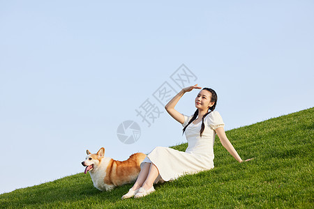 柯基和青年女性在草地上晒太阳图片