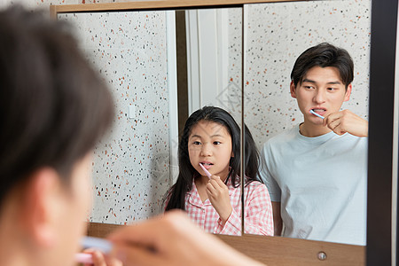 小孩刷牙父女一起对着镜子刷牙背景