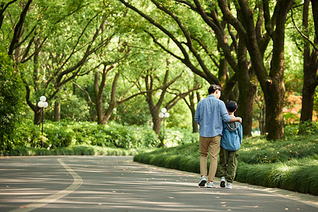 父子手牵手背影父子二人在公园里散步背影背景