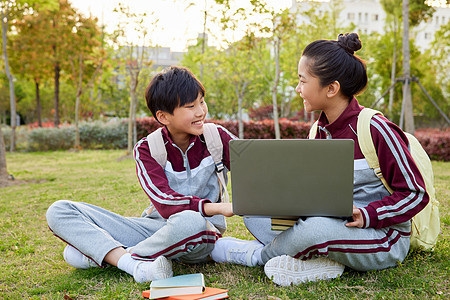 小学生草坪上电脑学习图片