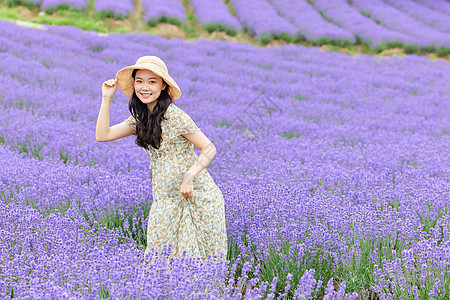 清爽风景薰衣草花田观光的长裙女性背景