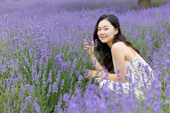 在薰衣草花田观赏的女性图片