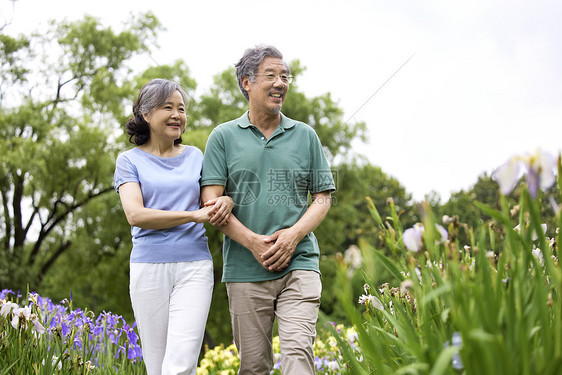 老年夫妇公园赏花散步图片