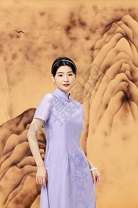 画山水画美女中式古典山水画背景旗袍女性背景