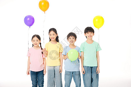 可爱童真四人小孩和彩色气球图片