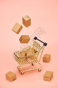 电商快递箱图标网购概念漂浮的物流快递盒和购物车背景