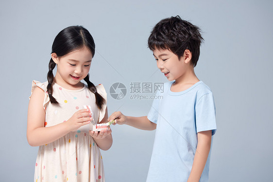 男孩与女孩一起观察牙齿模型图片