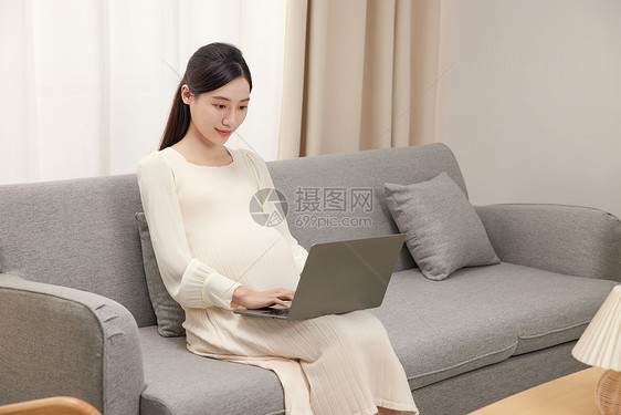 在沙发上玩电脑的孕妇图片
