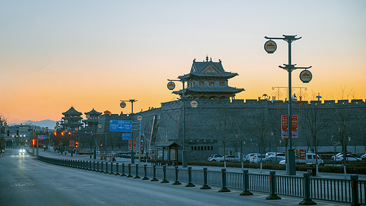 山西风景山西忻州古楼建筑街道日出景观背景